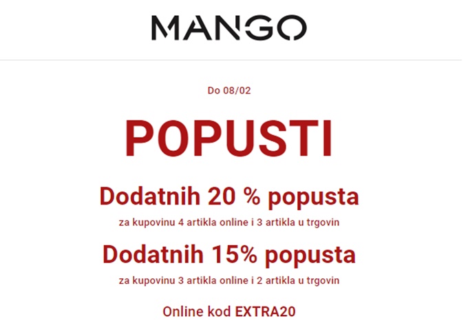 Mango webshop akcija Dodatnih 20% popusta